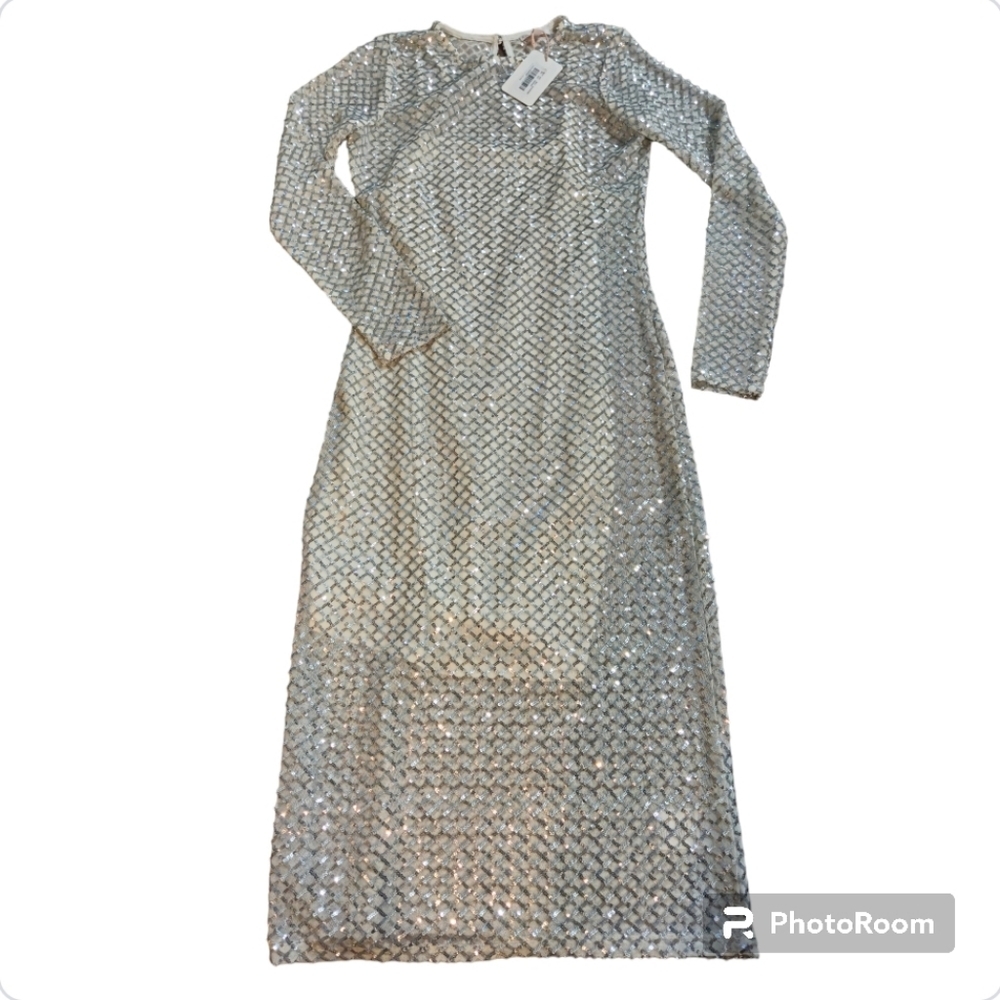 Gianni Bini Silver Sequin Mesh Lattice Long Sleeve Midi Dress Size L NWT - Picture 5 of 12